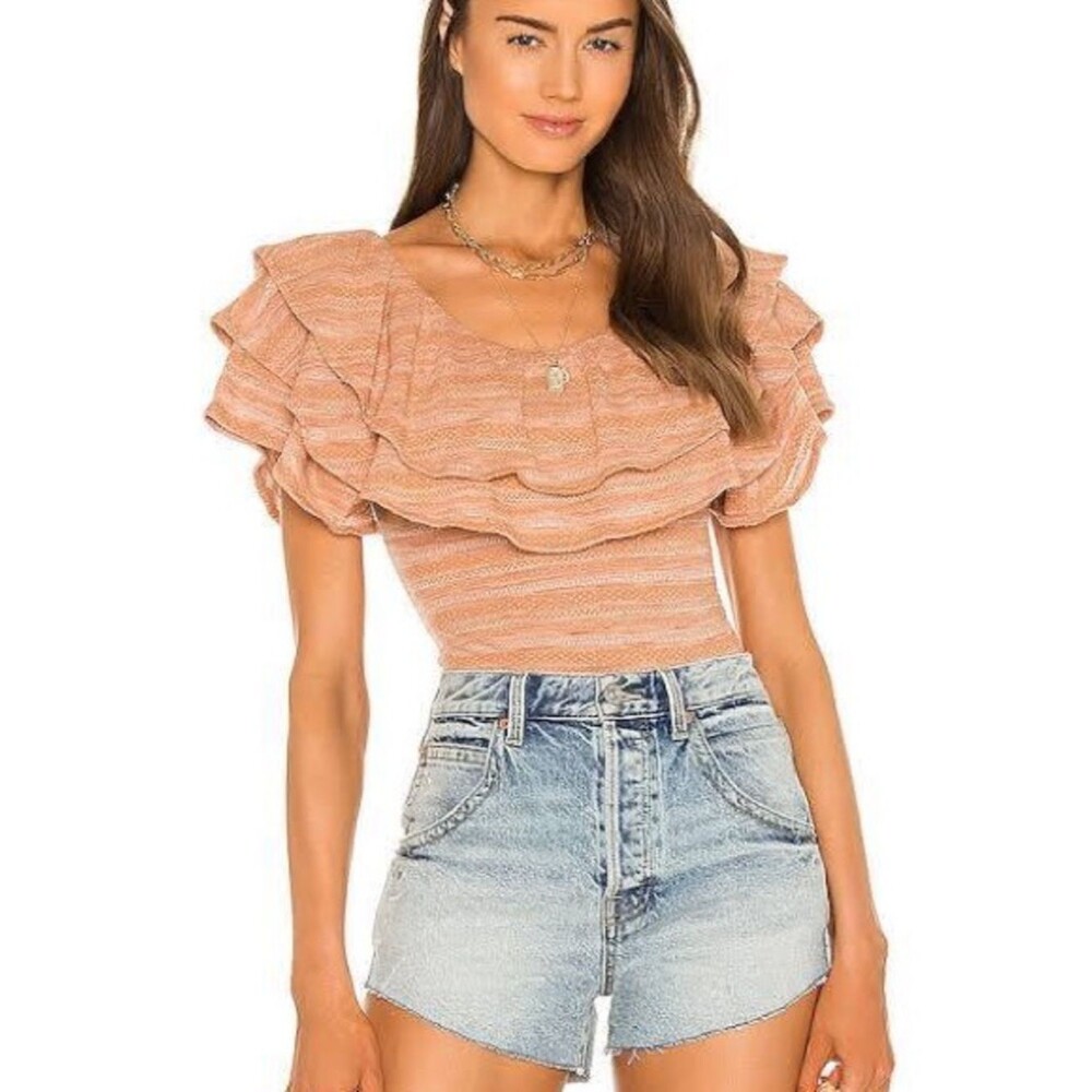 We The Free Peach Ruffle Off-Shoulder Crop Large Top